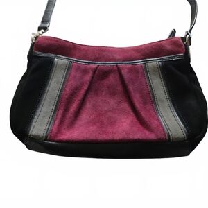 Tignanello Suede Leather Bag Burgundy/ Black Colorblock Shoulder Purse Retro